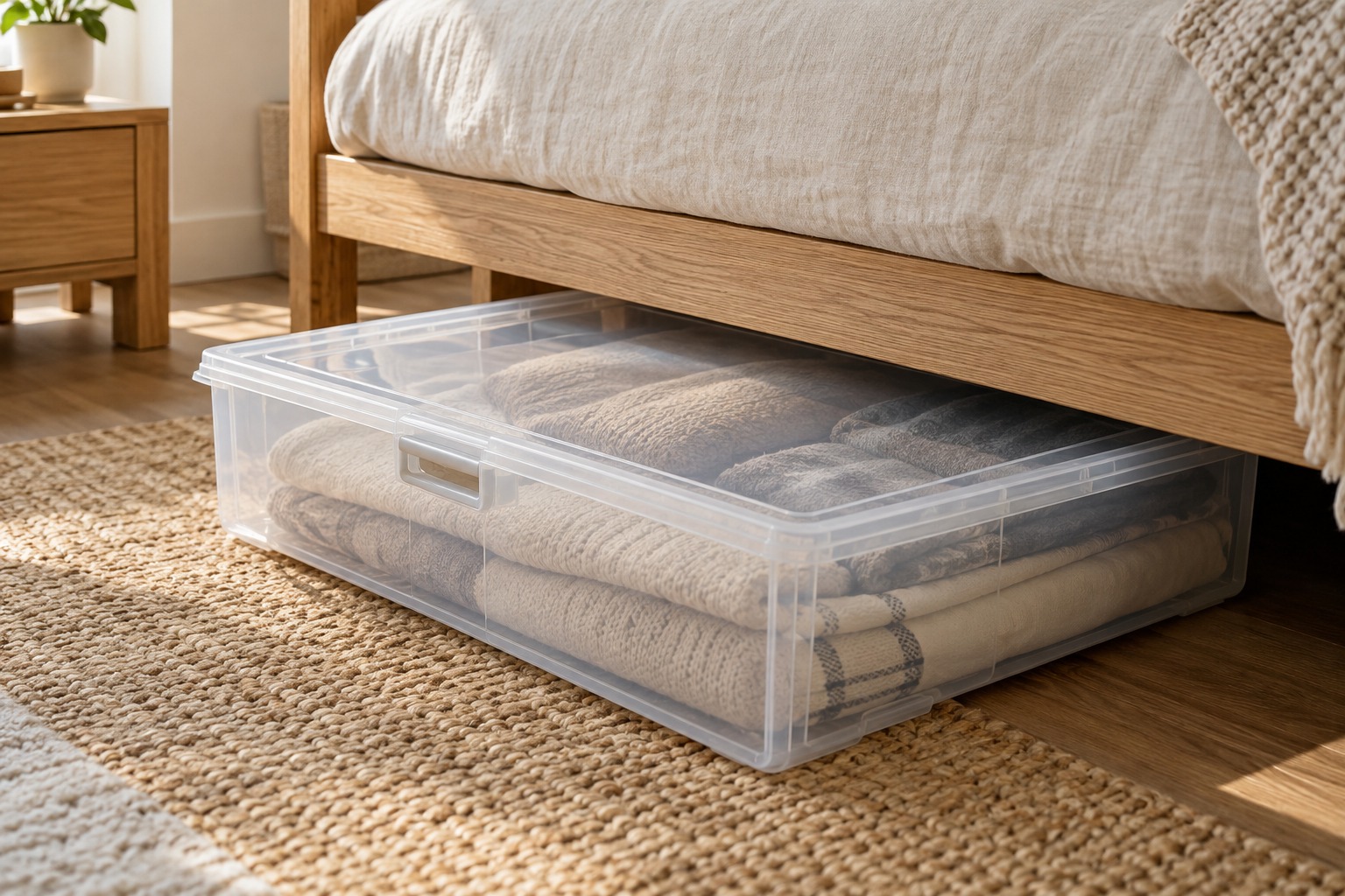 Illustration of a shallow storage box under a bed