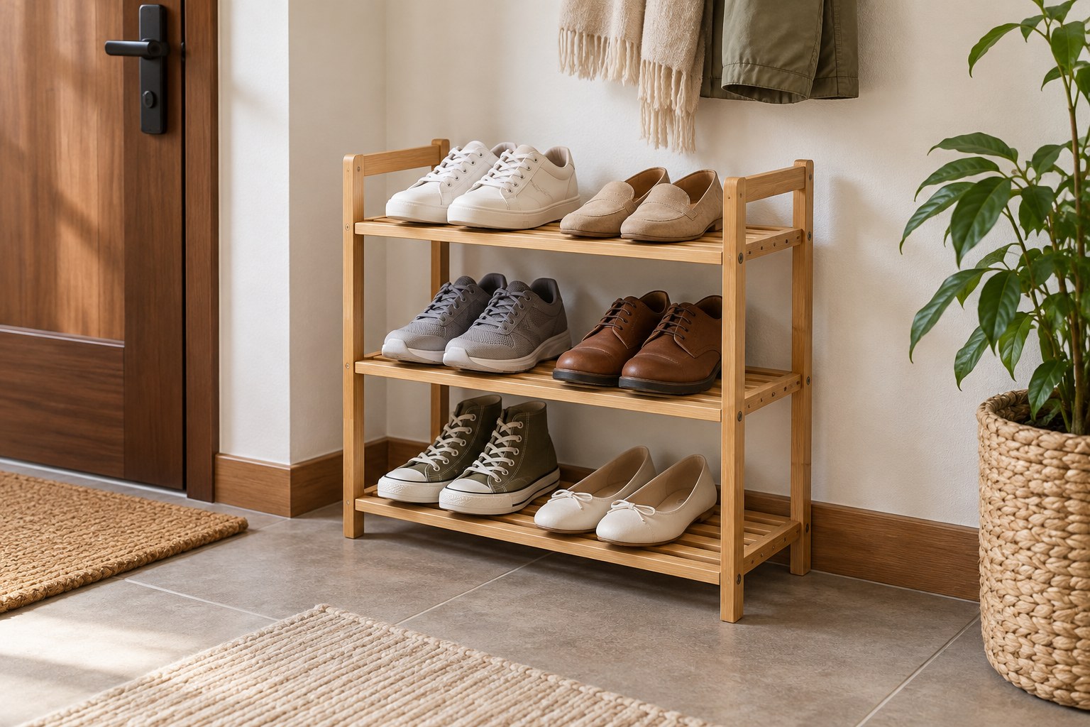 Compact wooden shoe rack in a narrow entrance