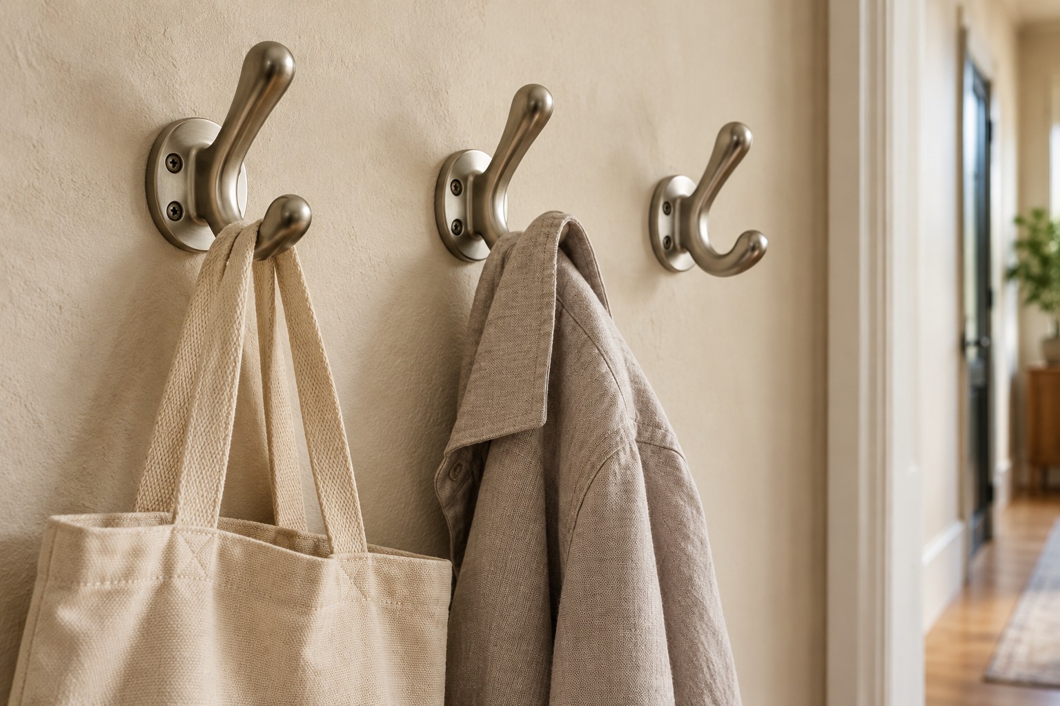 Illustration of wall hooks holding a bag and jacket