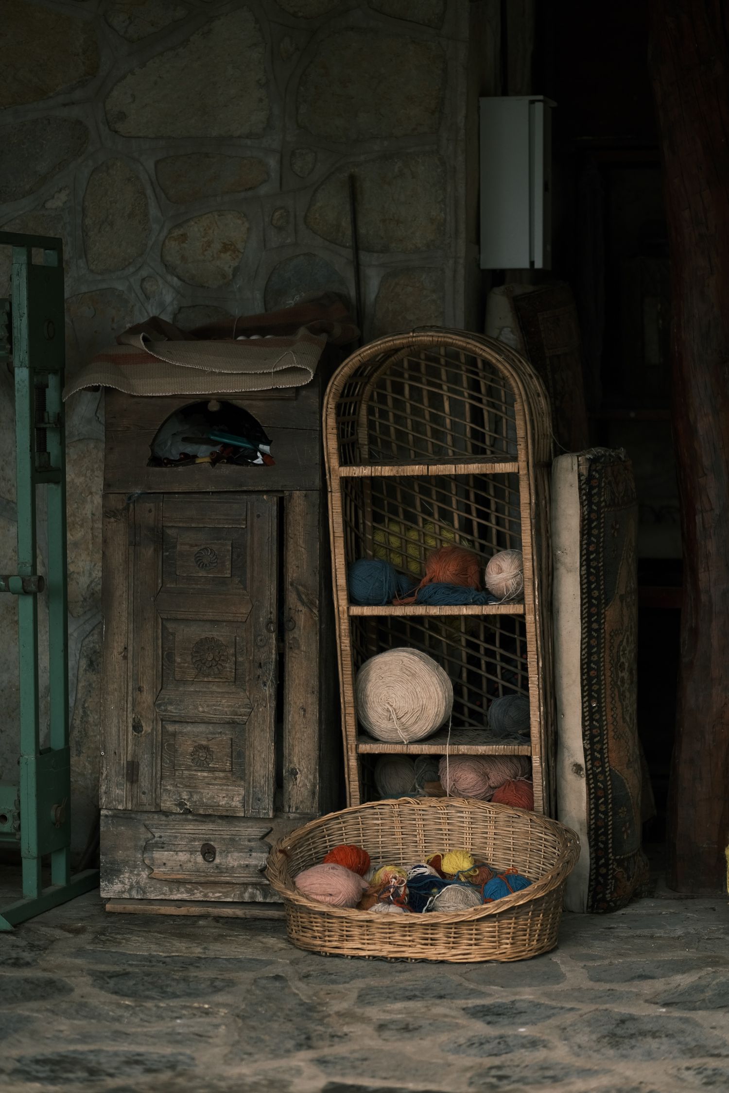 Woven baskets beside shelving