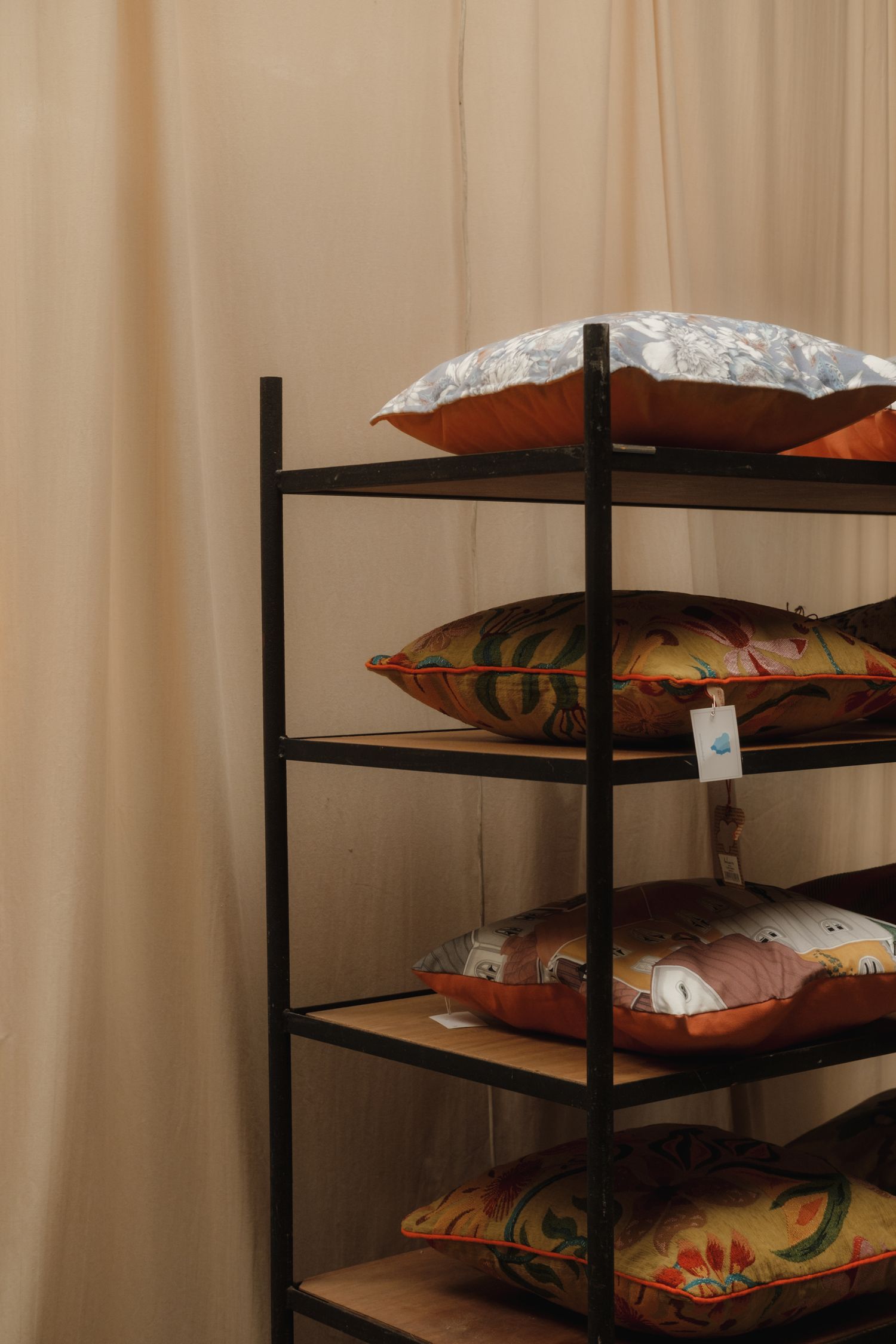 Cushions arranged on shelves