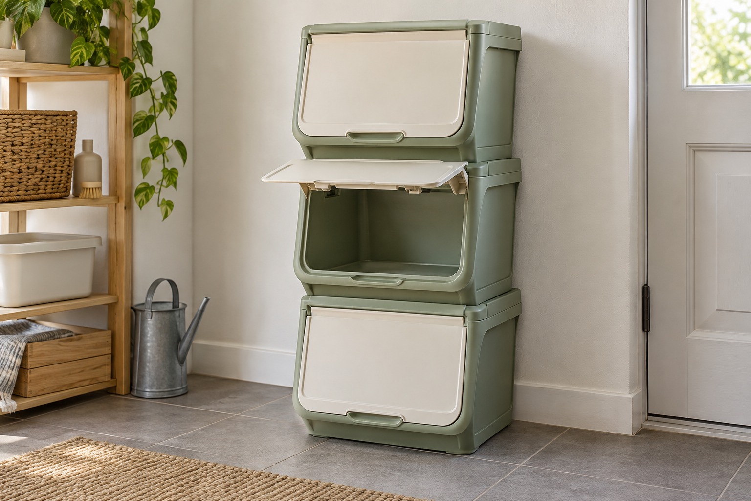 Illustration: Stacked sorting containers with front-opening flaps