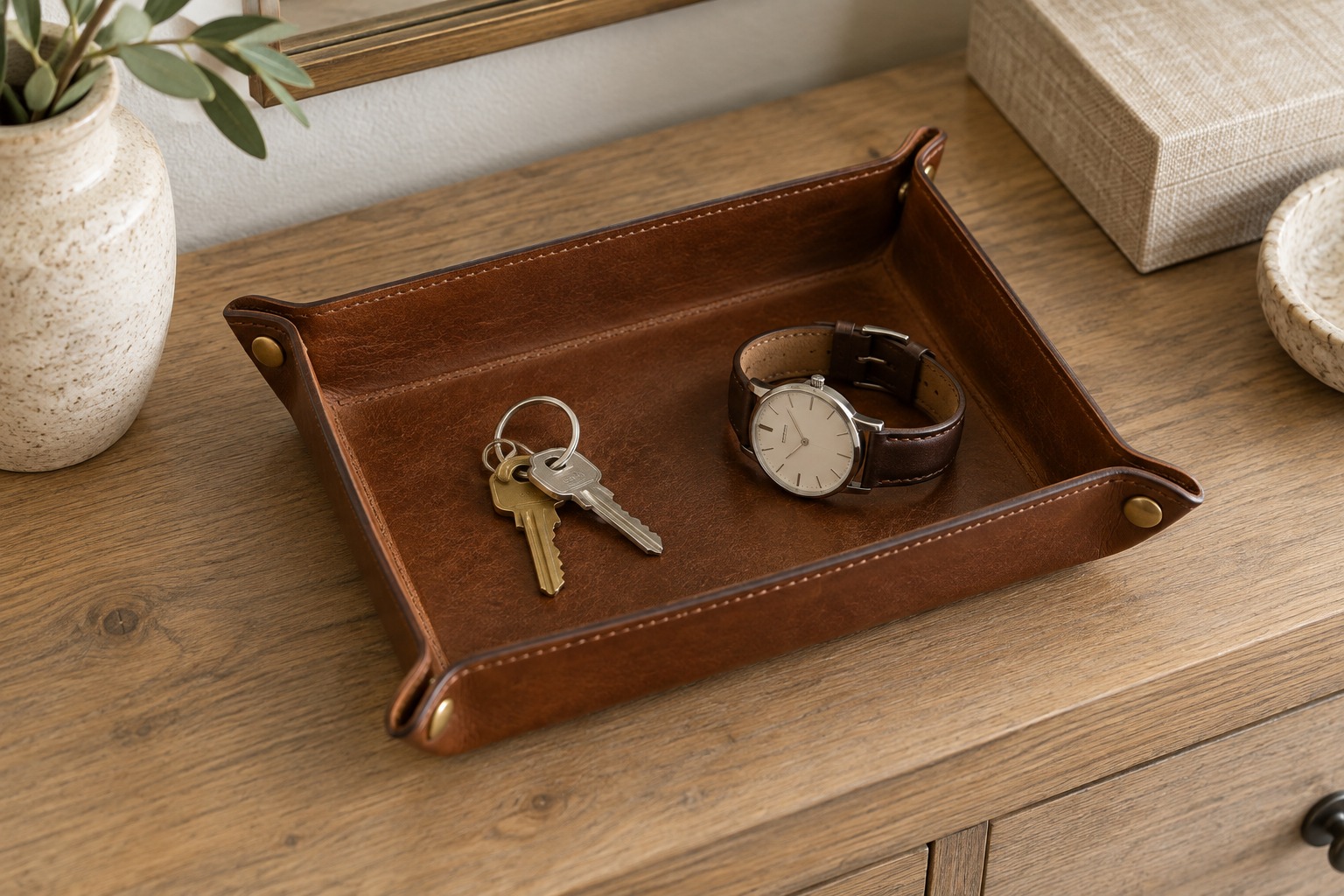 Illustration: Shallow valet tray holding keys and a watch