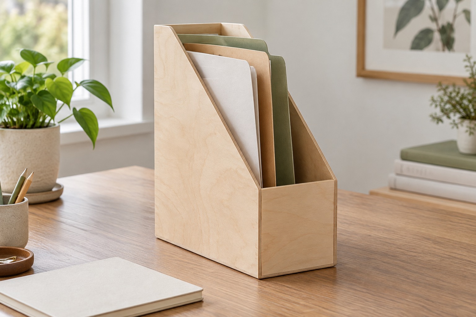Illustration: Light wood magazine file holding folders