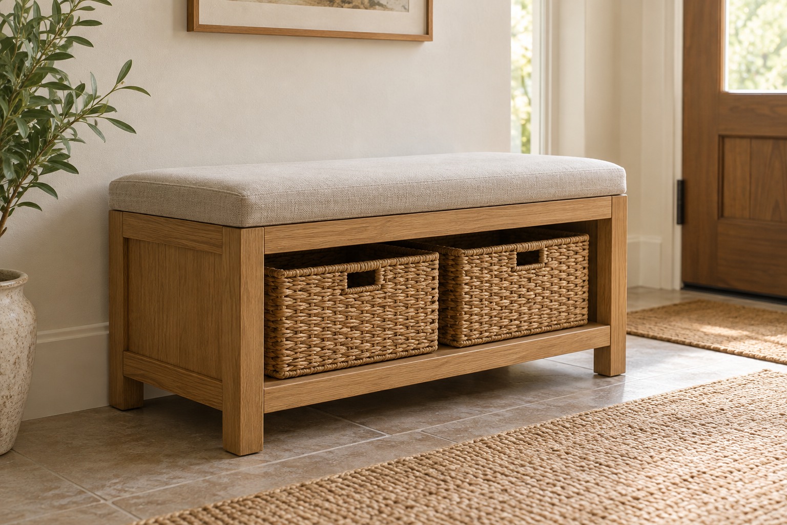 Illustration: Hallway storage bench with a cushion and baskets below
