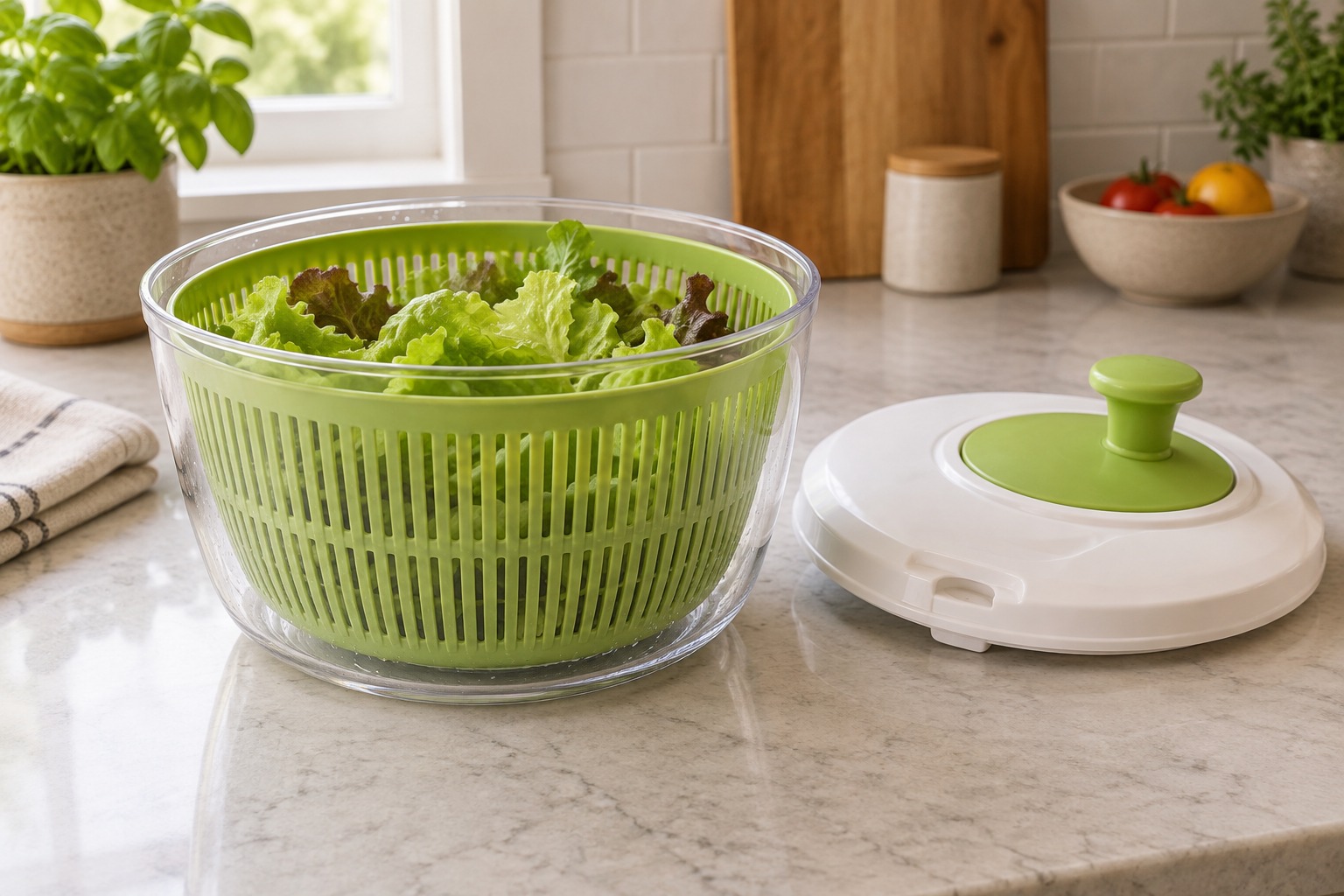 Illustration: Salad spinner with inner basket and lid beside it