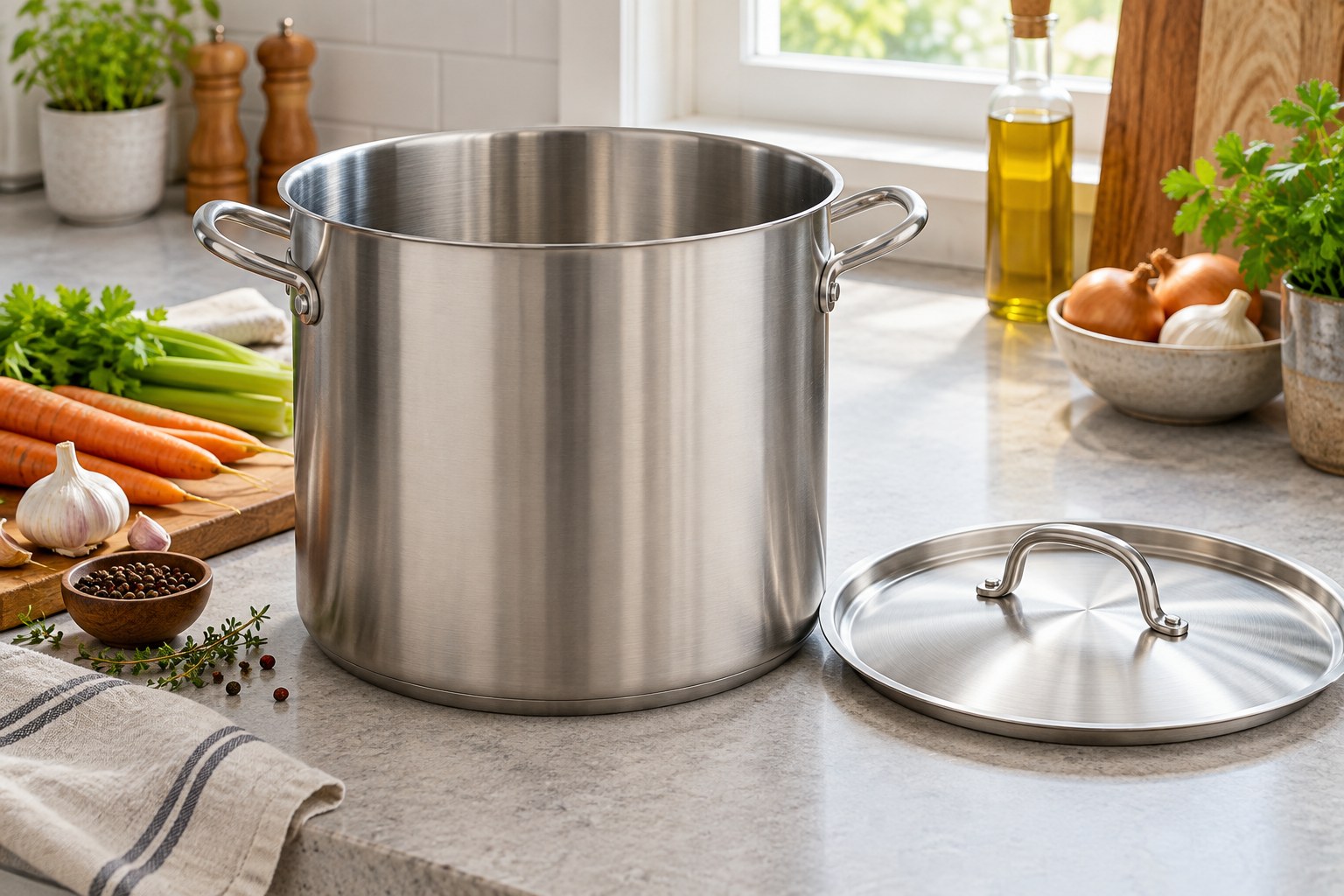 Deep stainless steel stockpot with matching lid