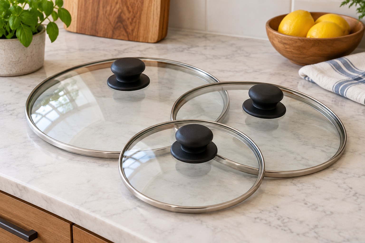 Glass pan lids in three sizes