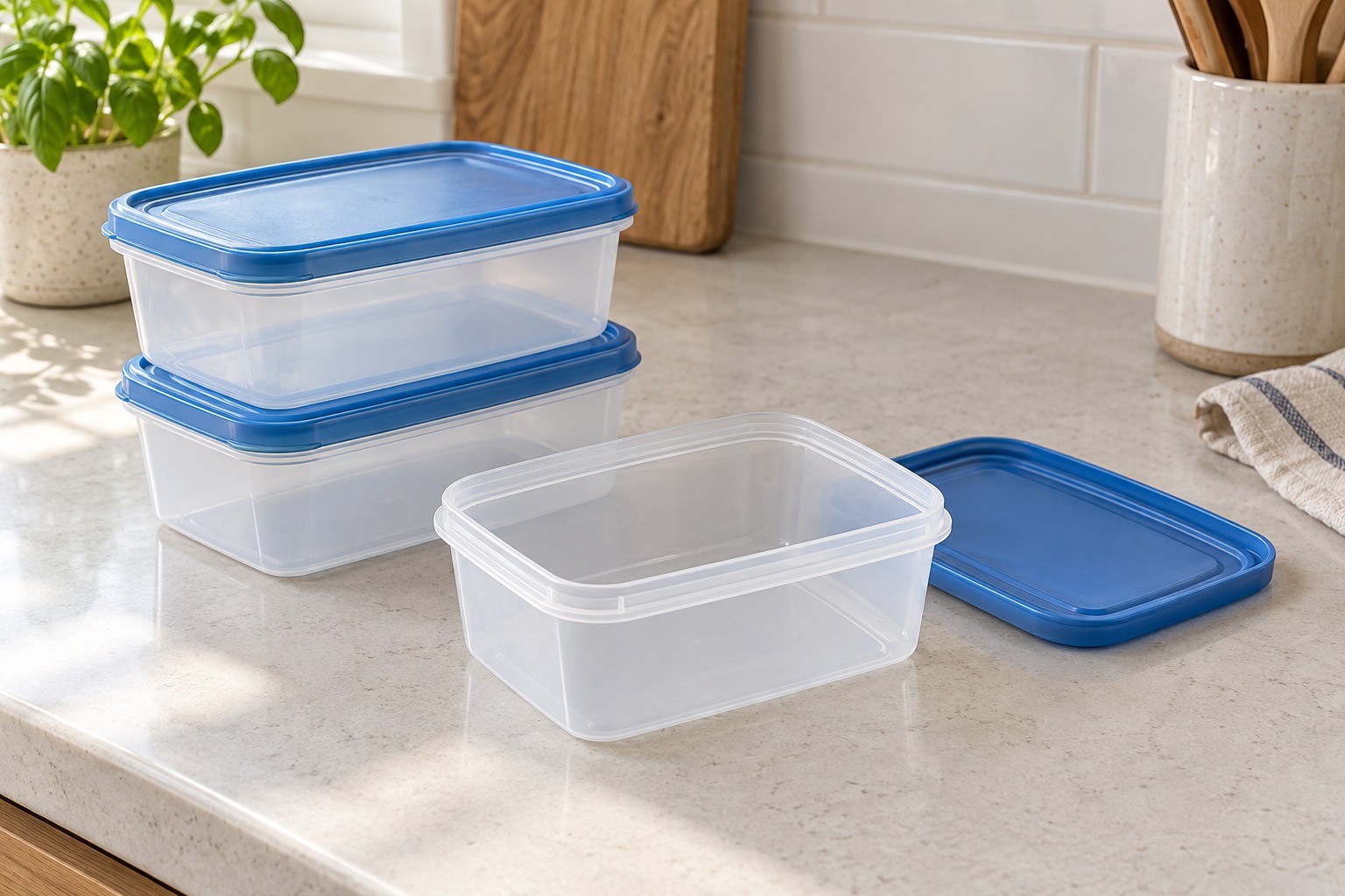 Illustration: Freezer containers with matching lids on a counter