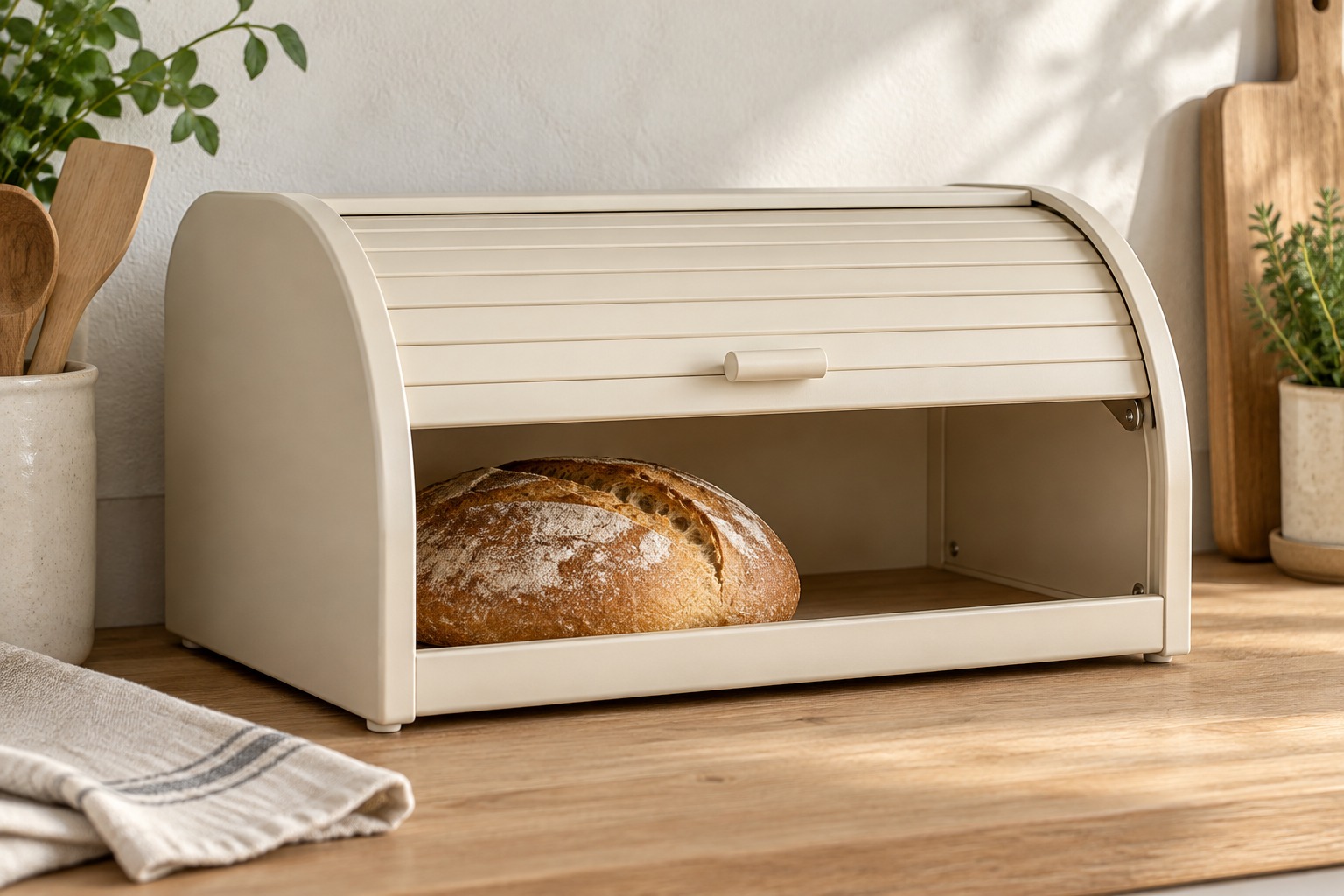 Illustration: Breadbox with a partly open roll-top lid