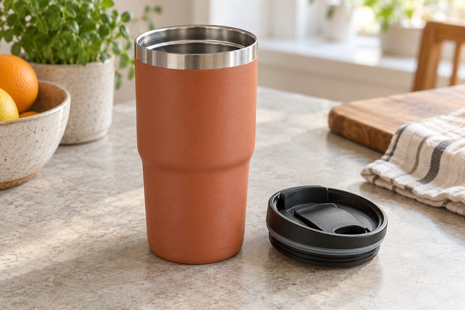 Illustration: Insulated mug with its drinking lid removed