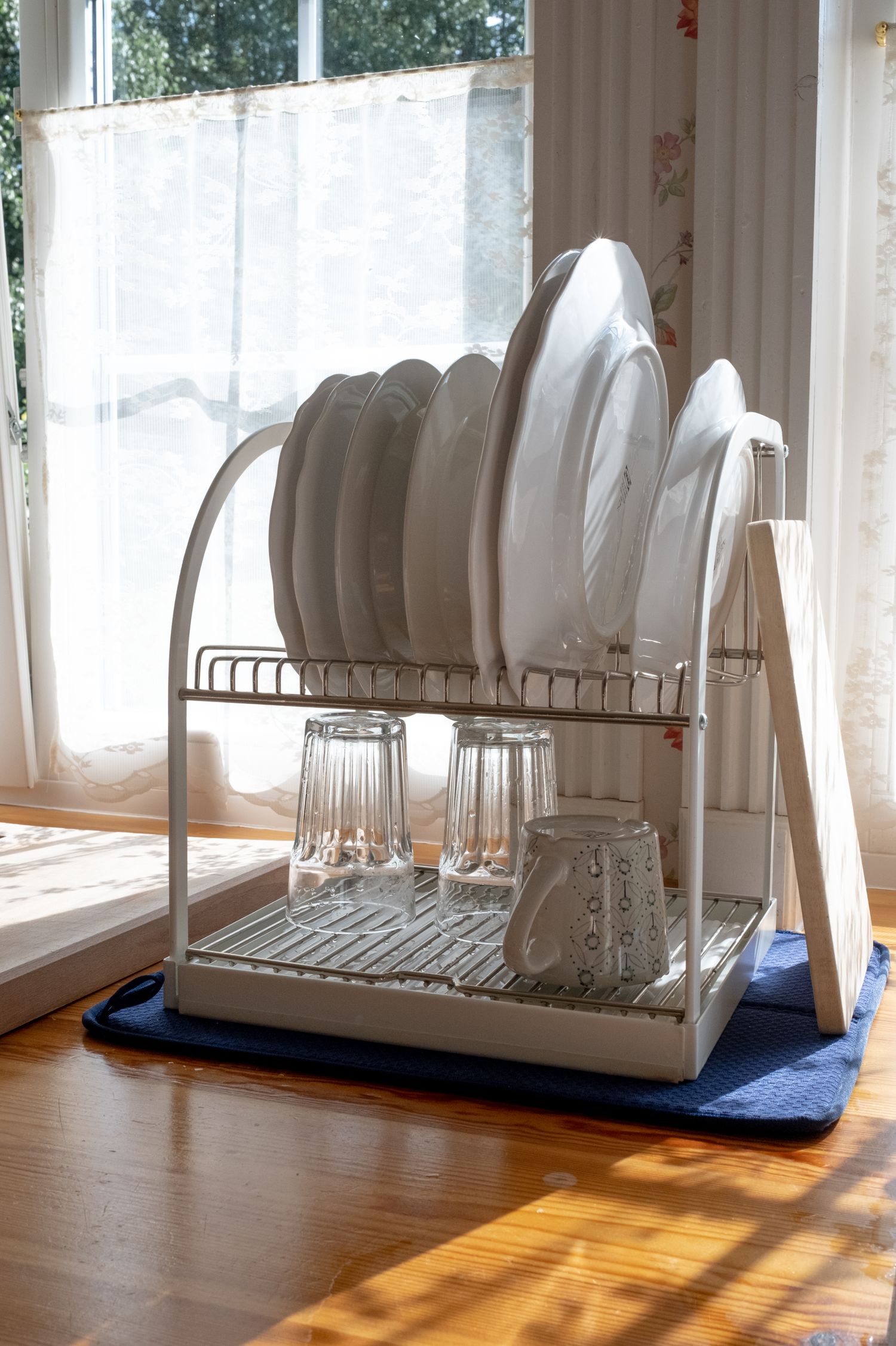 Dishes and glasses in a draining rack