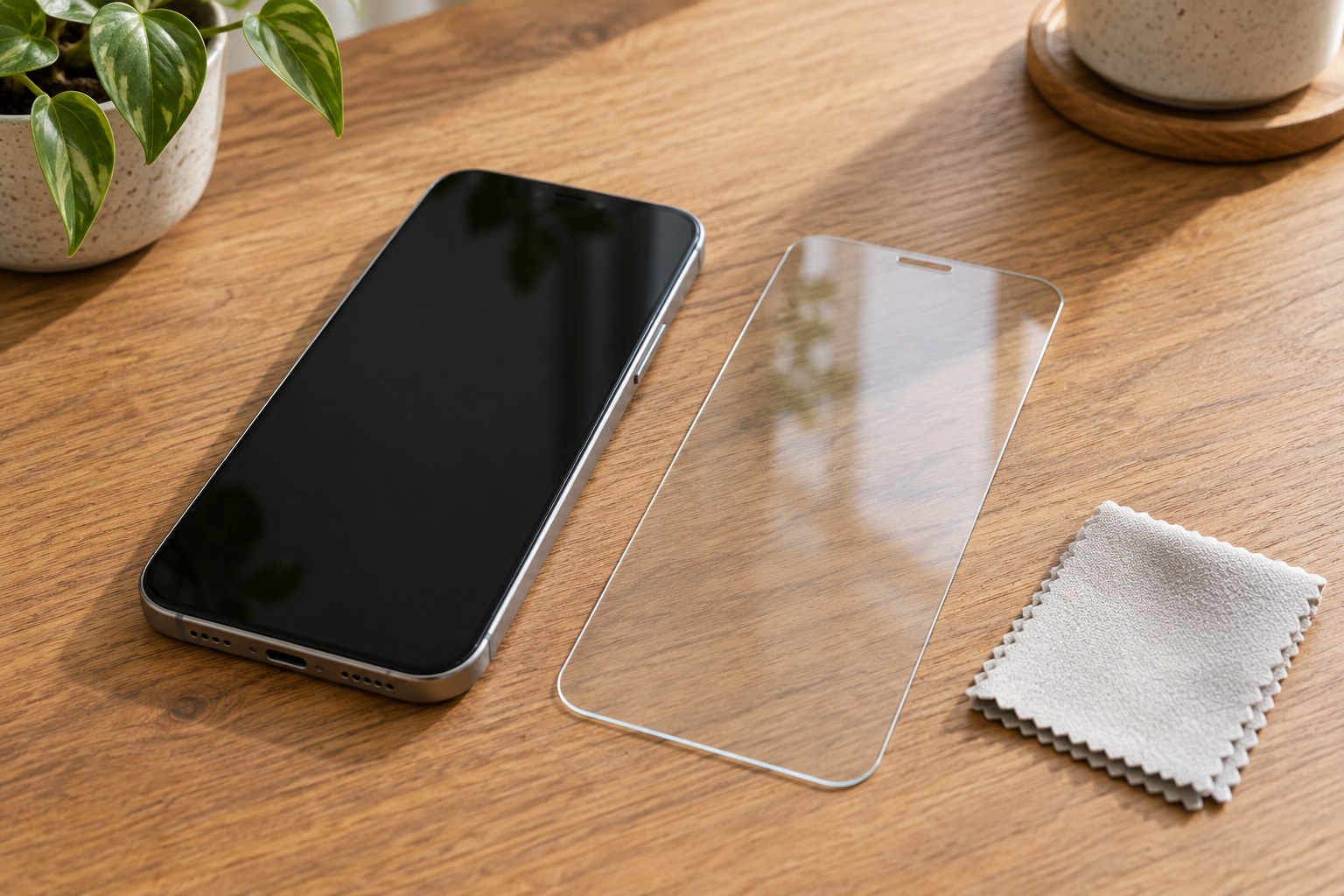 Clear screen protector beside a smartphone