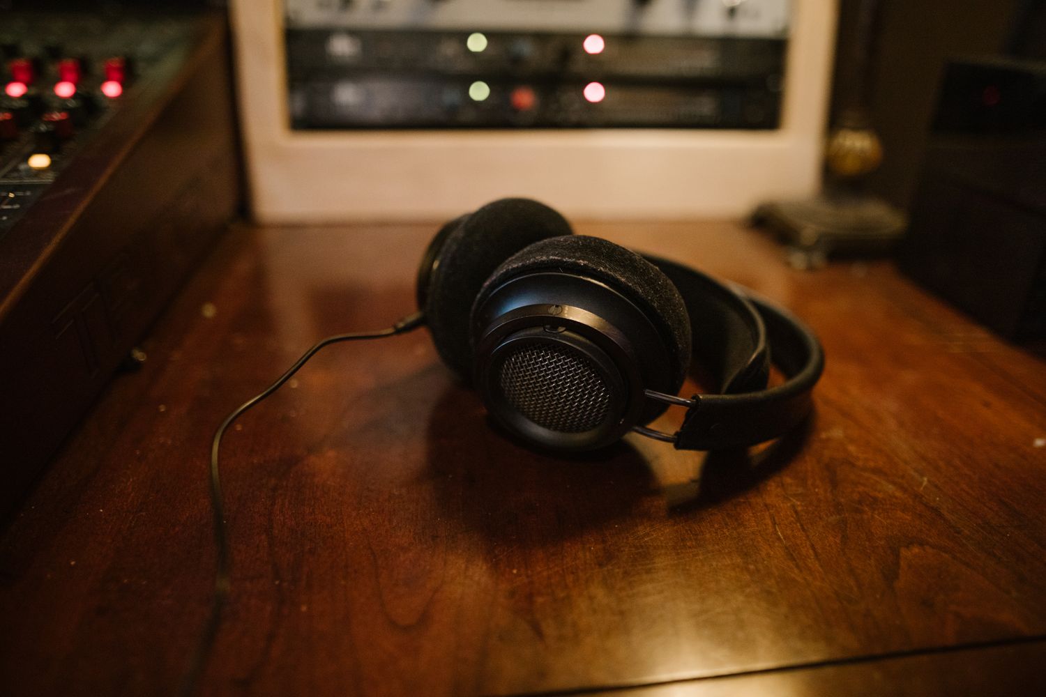 Headphones on a wooden table