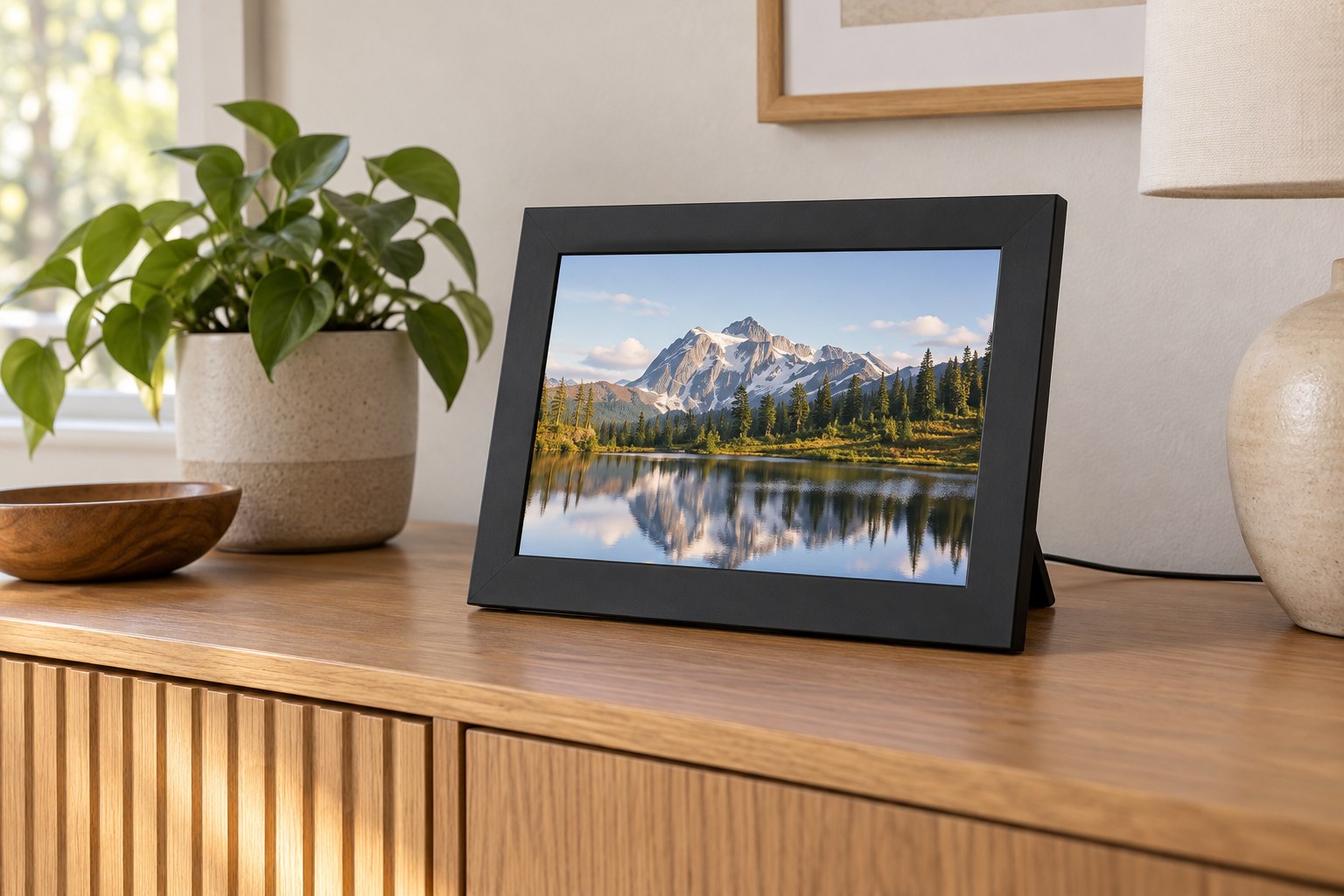 Digital photo frame on a sideboard