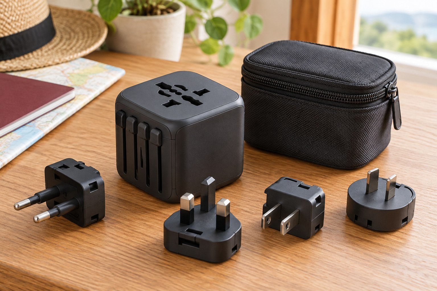 Travel plug adapter beside a pouch