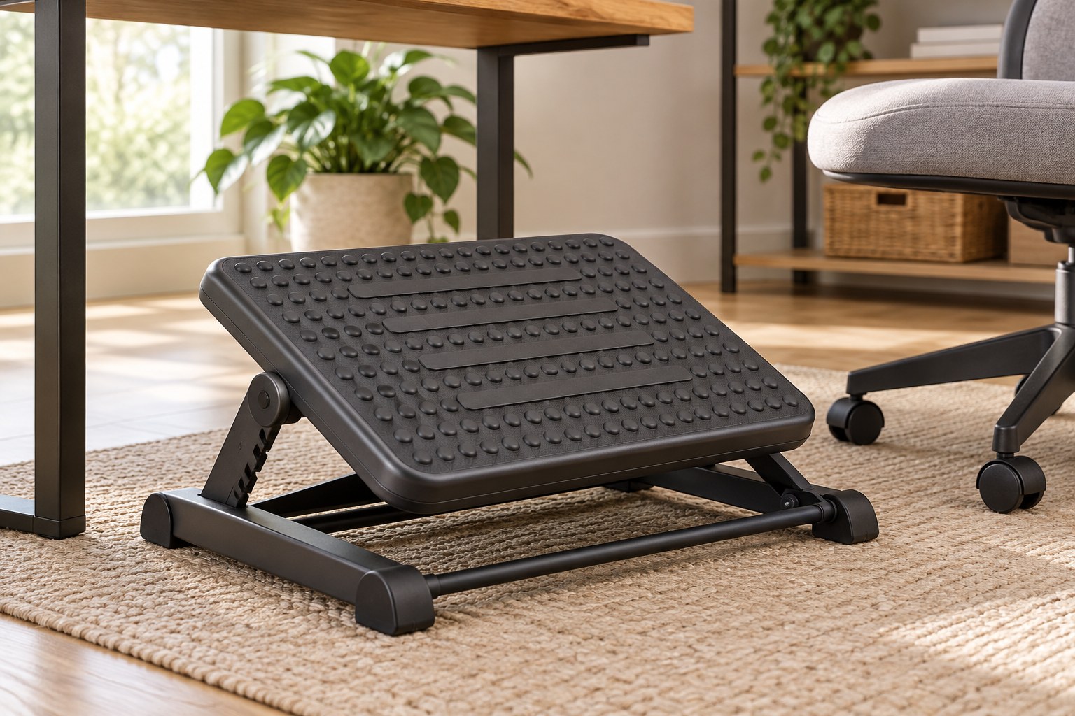 Adjustable footrest beneath a desk
