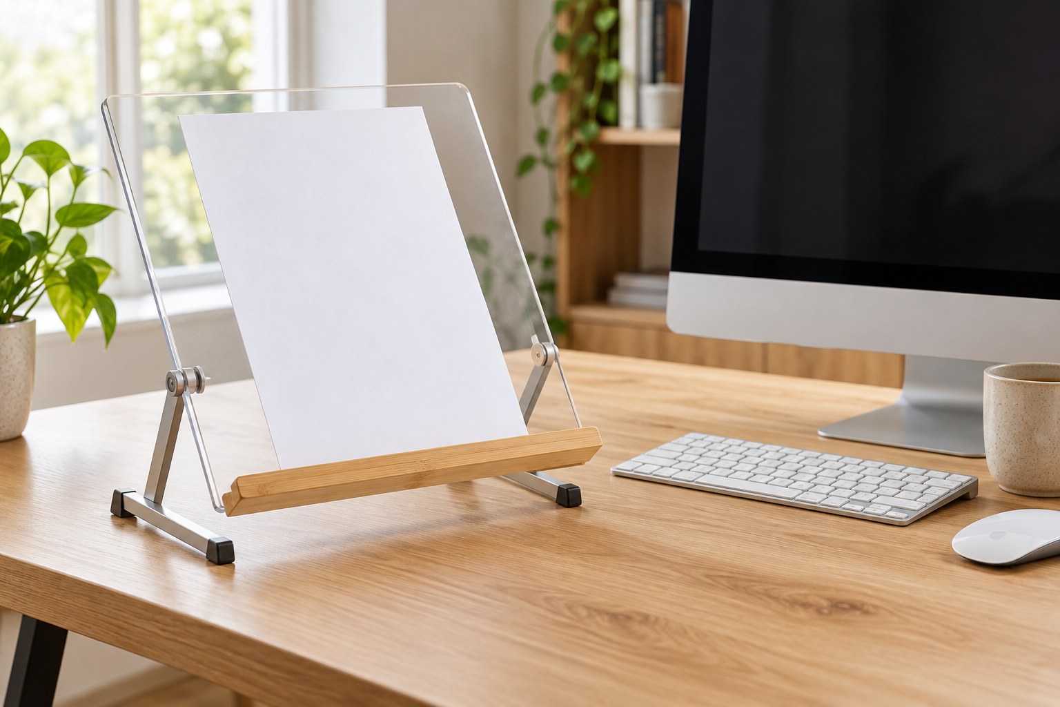 Angled document holder beside a monitor