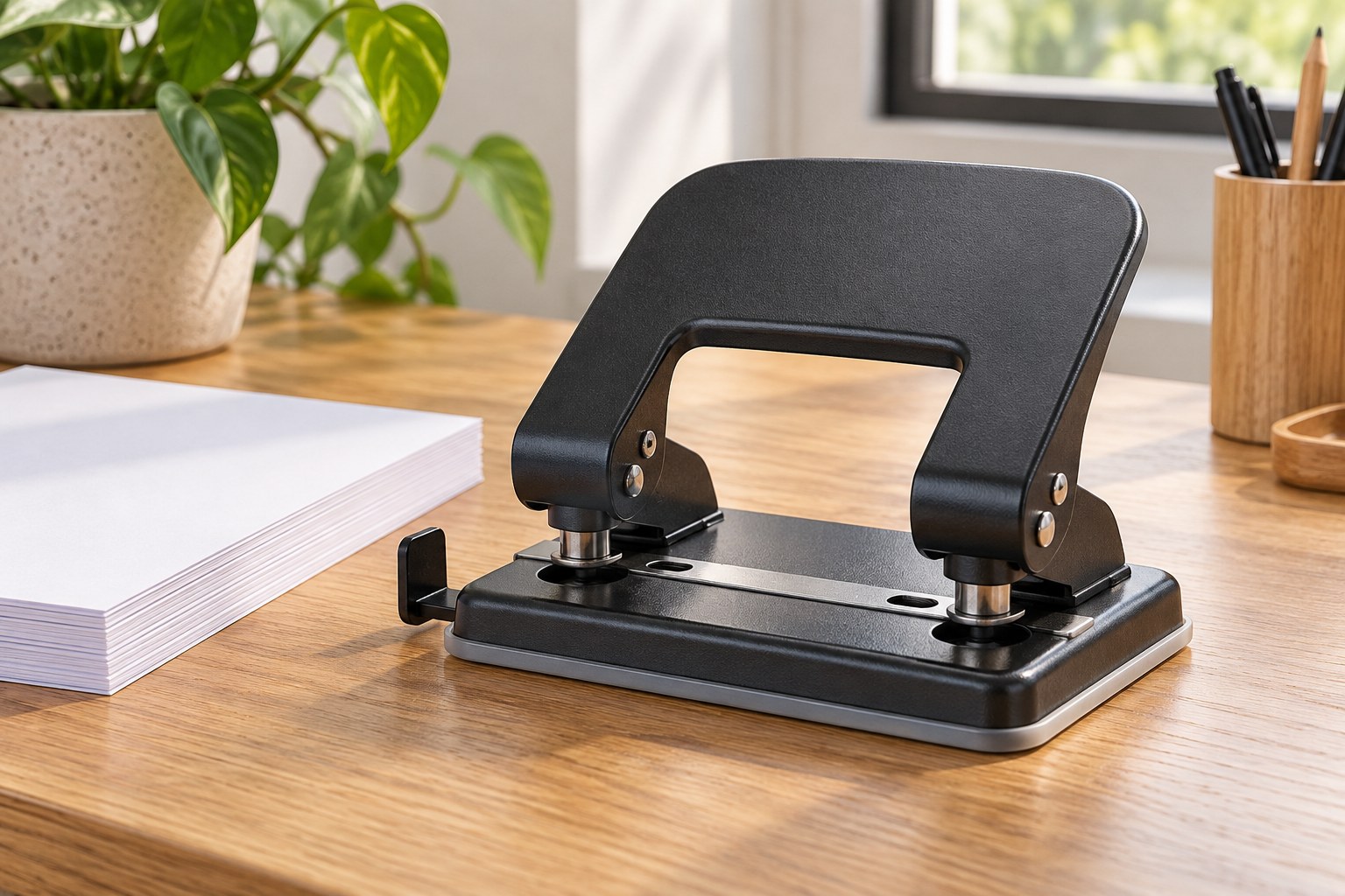 Two-hole paper punch on a desk