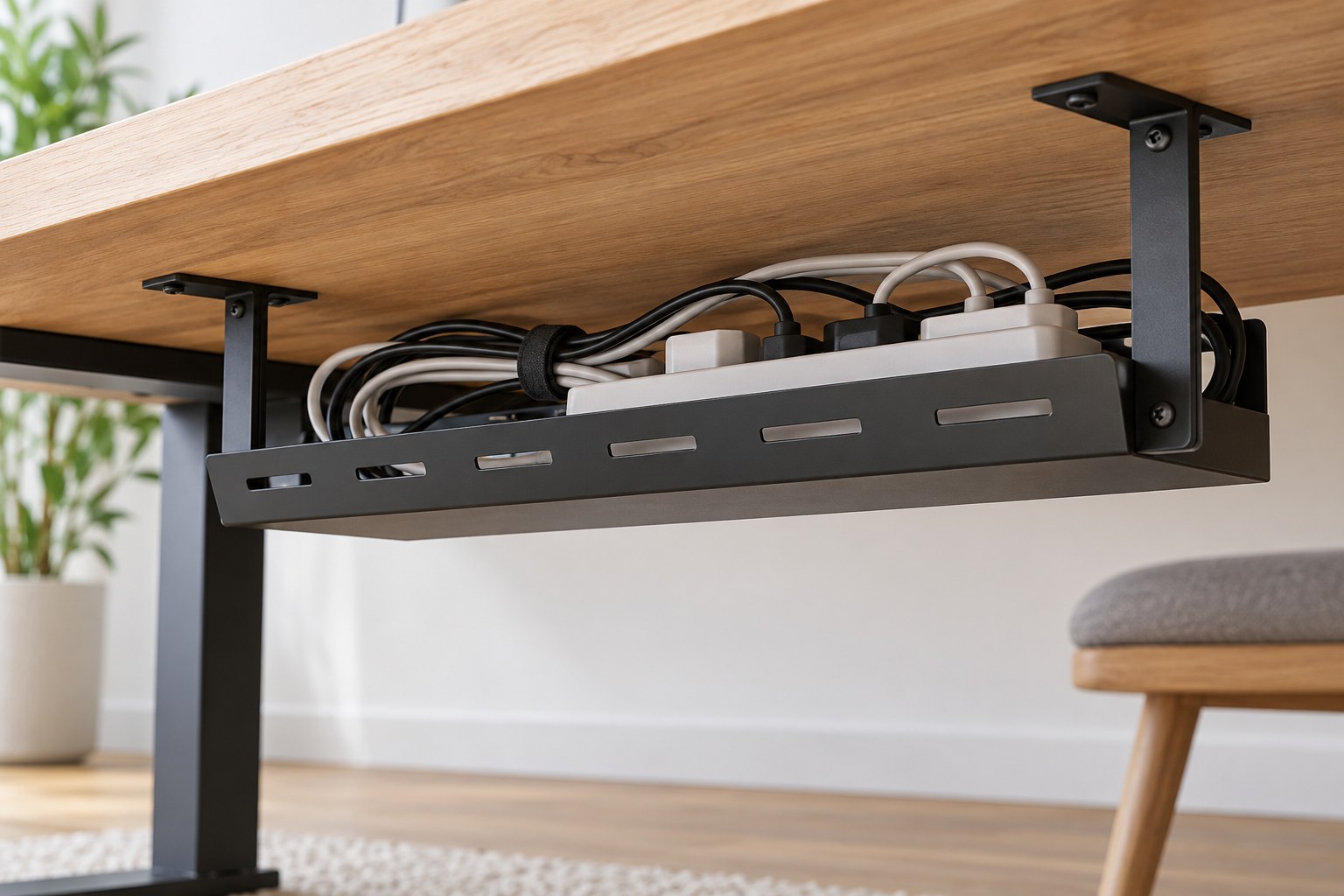 Cable tray mounted beneath a desk