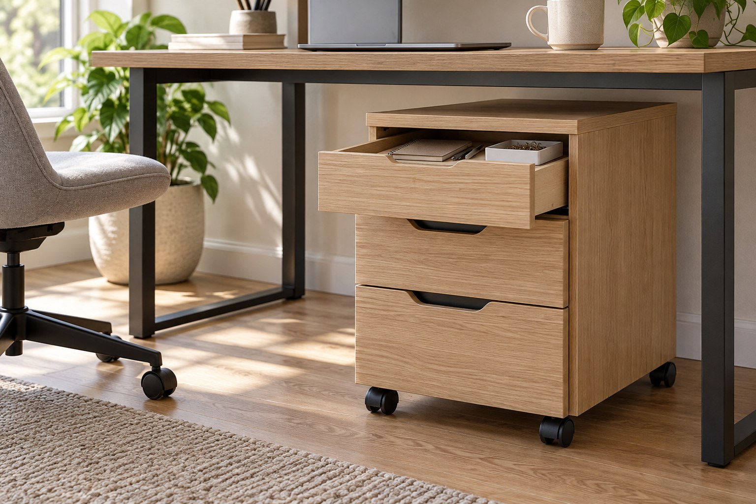 Rolling drawer cabinet beneath a desk