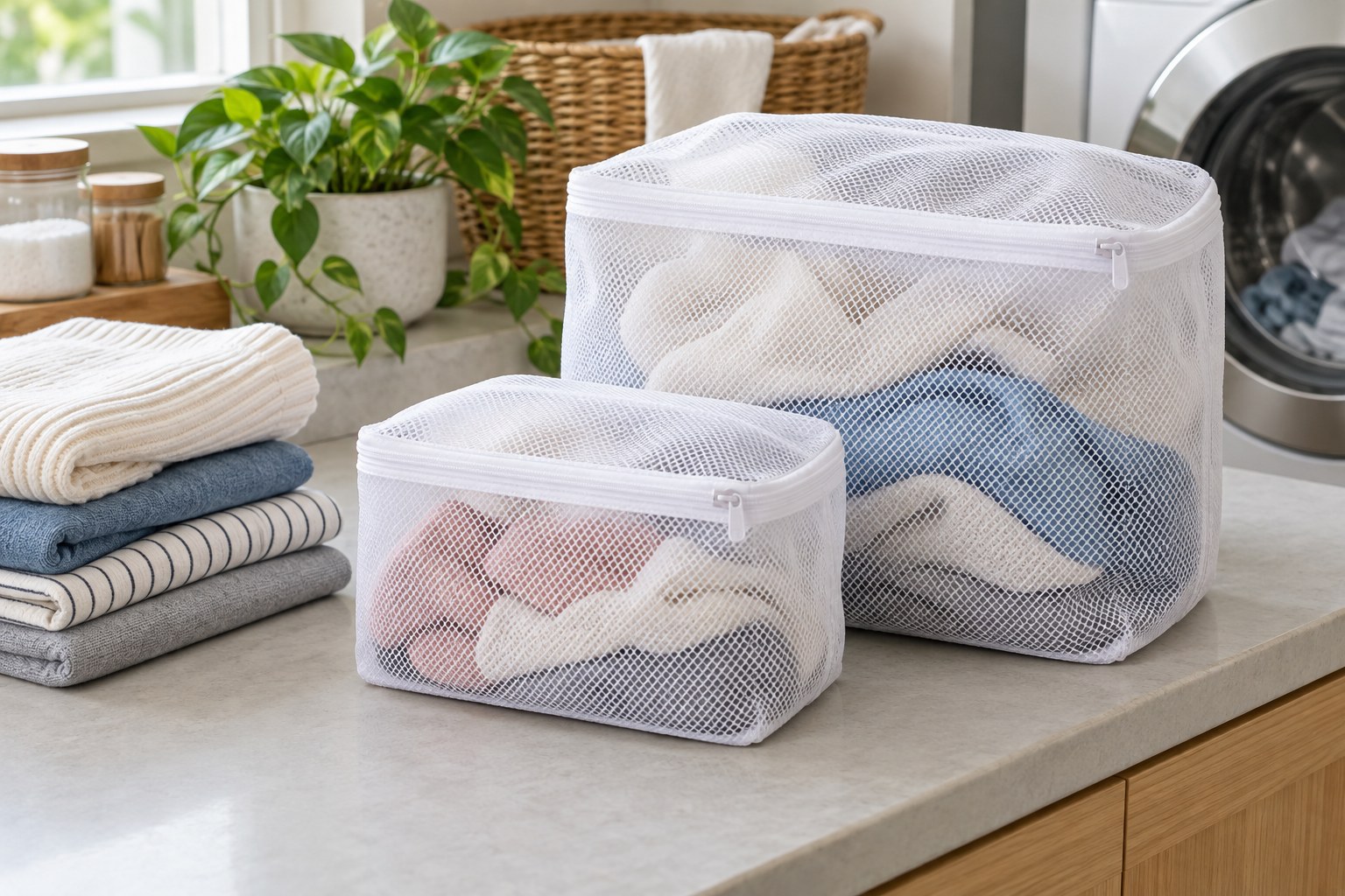 Mesh laundry bags with zip closures