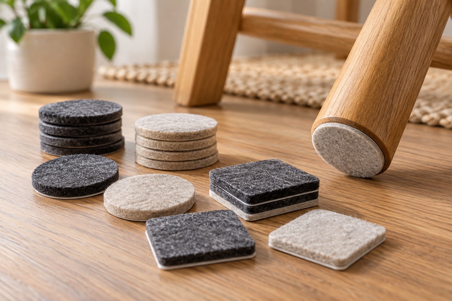 Felt pads beneath a wooden chair leg