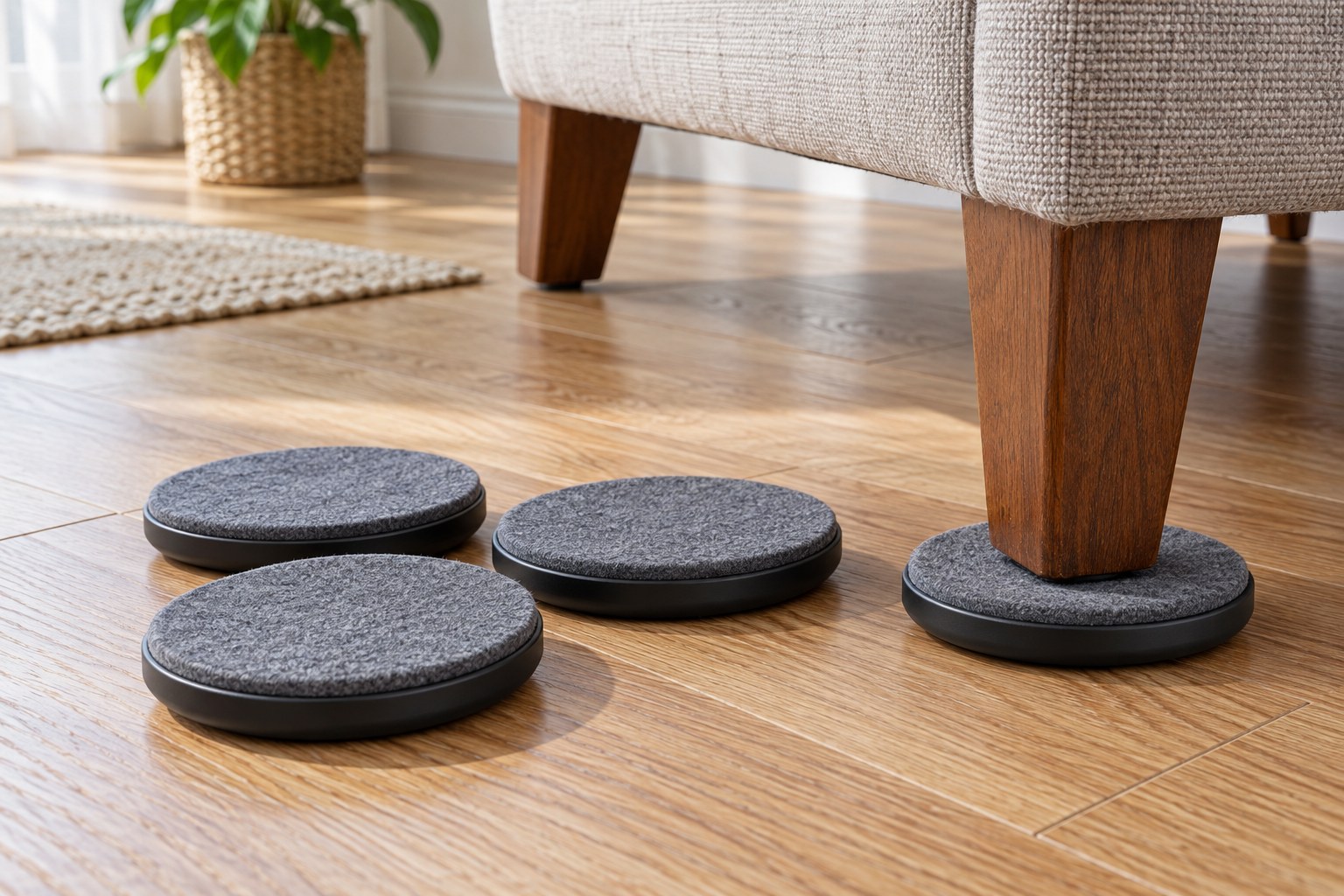 Furniture sliders beneath a chair leg